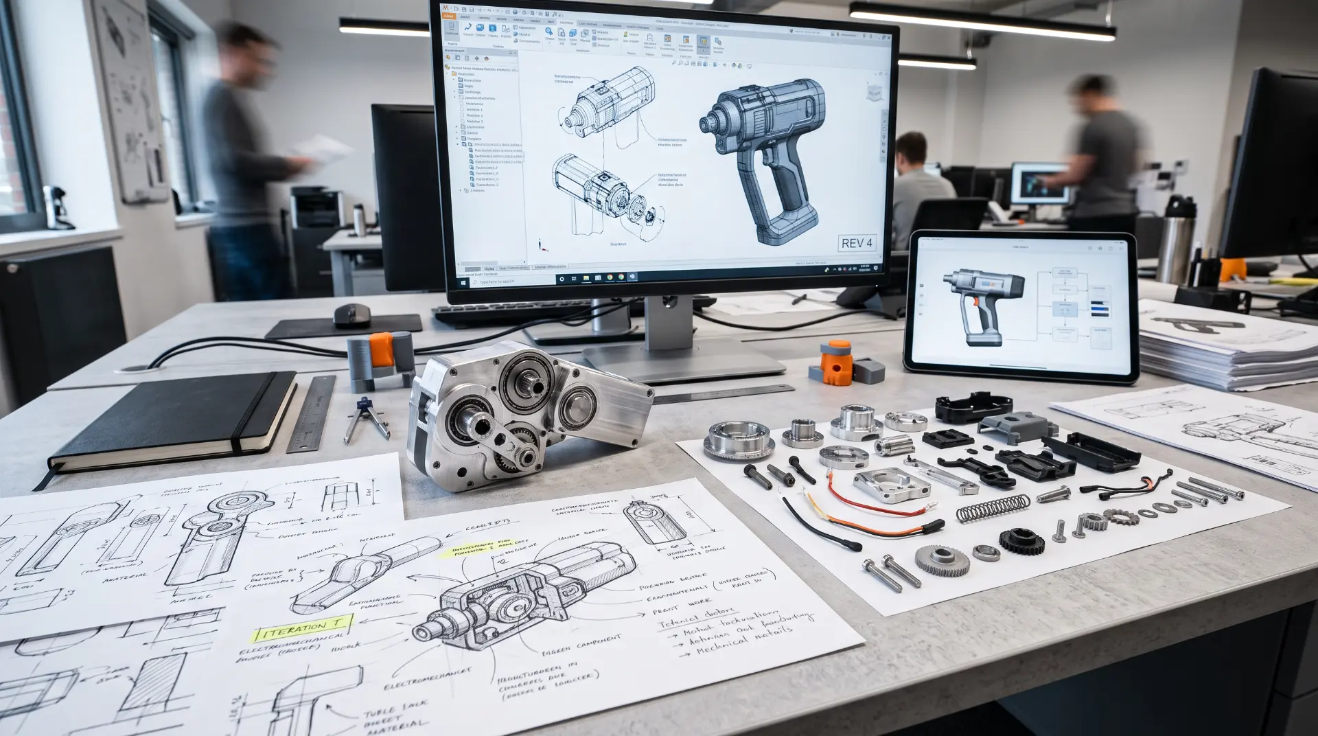 Product design desk with concept sketches, a CAD assembly on screen and machined and printed prototype parts