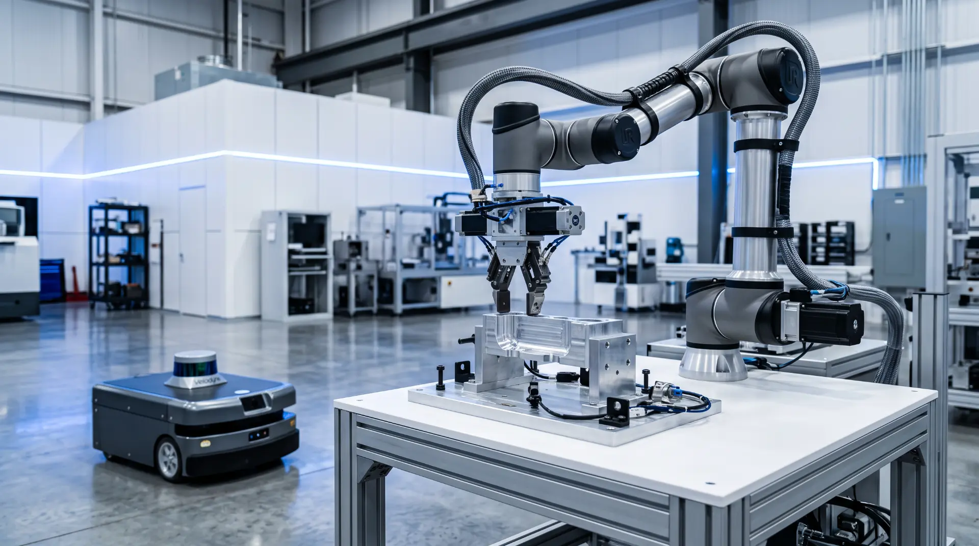 Six-axis robotic arm with a custom gripper on an automation cell beside an autonomous mobile robot