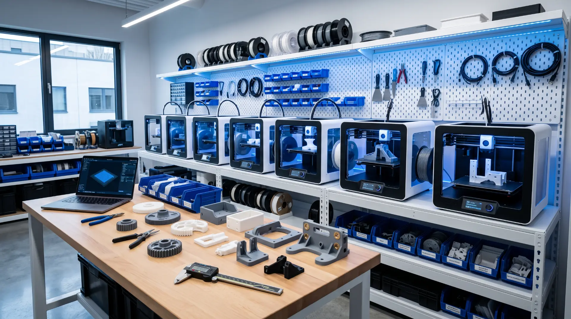 Print farm of FDM 3D printers with printed gears, brackets and enclosures on the inspection bench