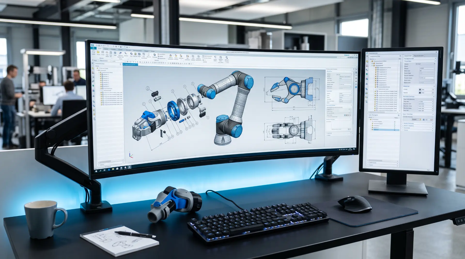 Ultrawide CAD workstation showing an exploded parametric assembly of a robotic arm with dimensioned drawings