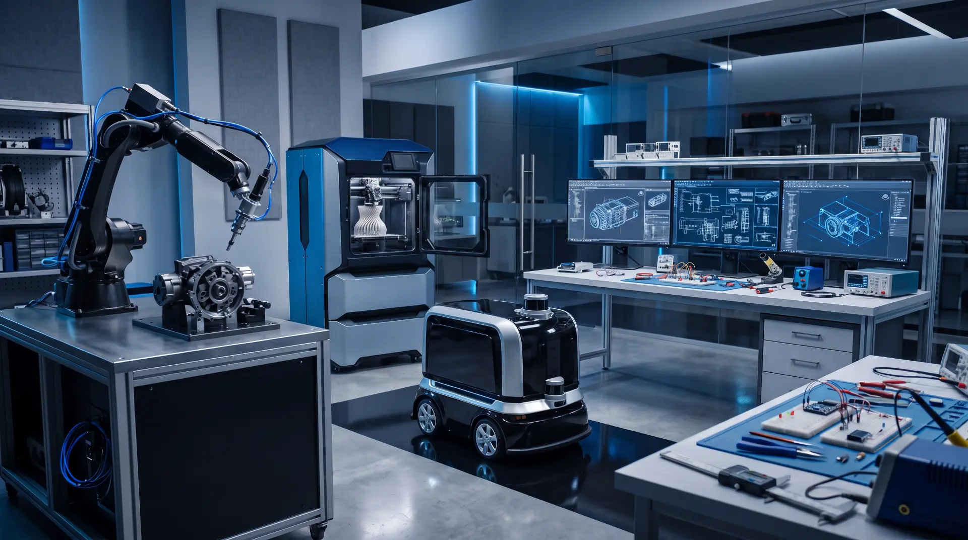 Zyntrica Robotics engineering lab with a robotic arm, industrial 3D printer, autonomous mobile robot and CAD workstations