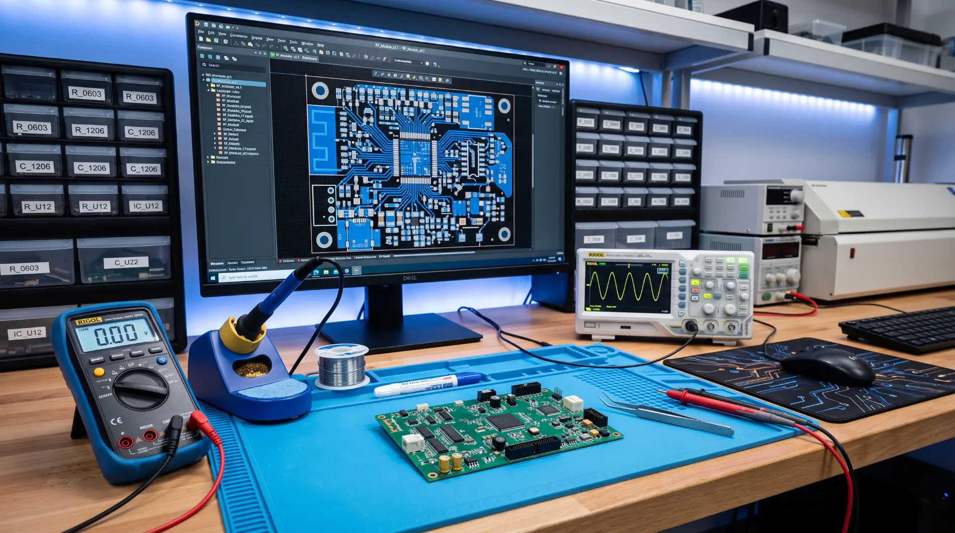 Electronics bench with a PCB layout on screen, an assembled circuit board, oscilloscope and multimeter