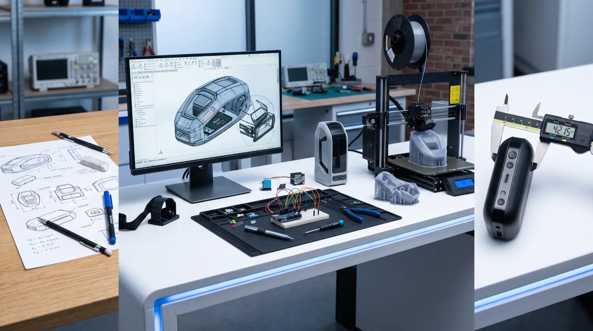 Engineering studio workflow: hand sketches, a CAD model on screen, electronics bring-up and a finished printed product