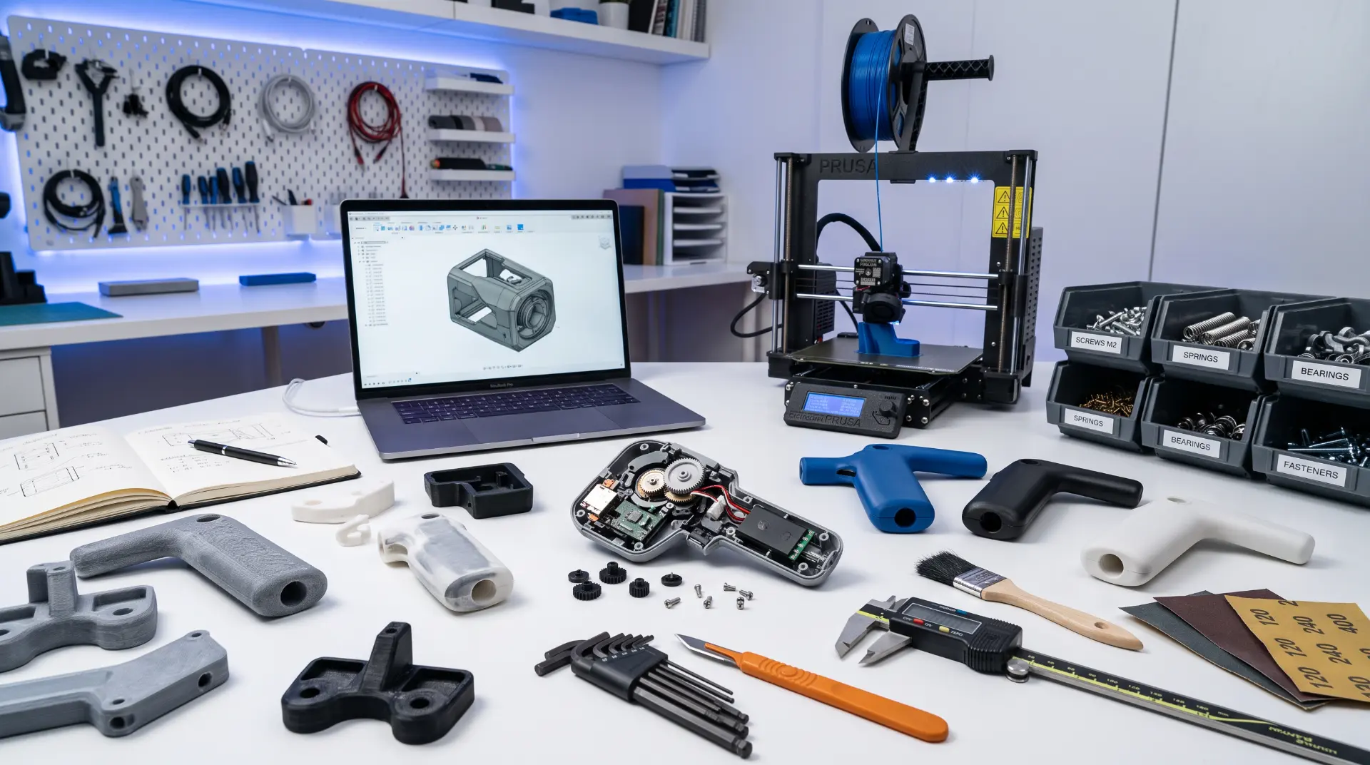 Rapid prototyping bench with printed handle iterations, an opened electromechanical prototype, calipers and hand tools